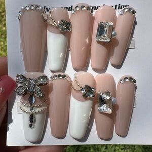 Cream and White Press-On Nails with Rhinestones and 3D Accents